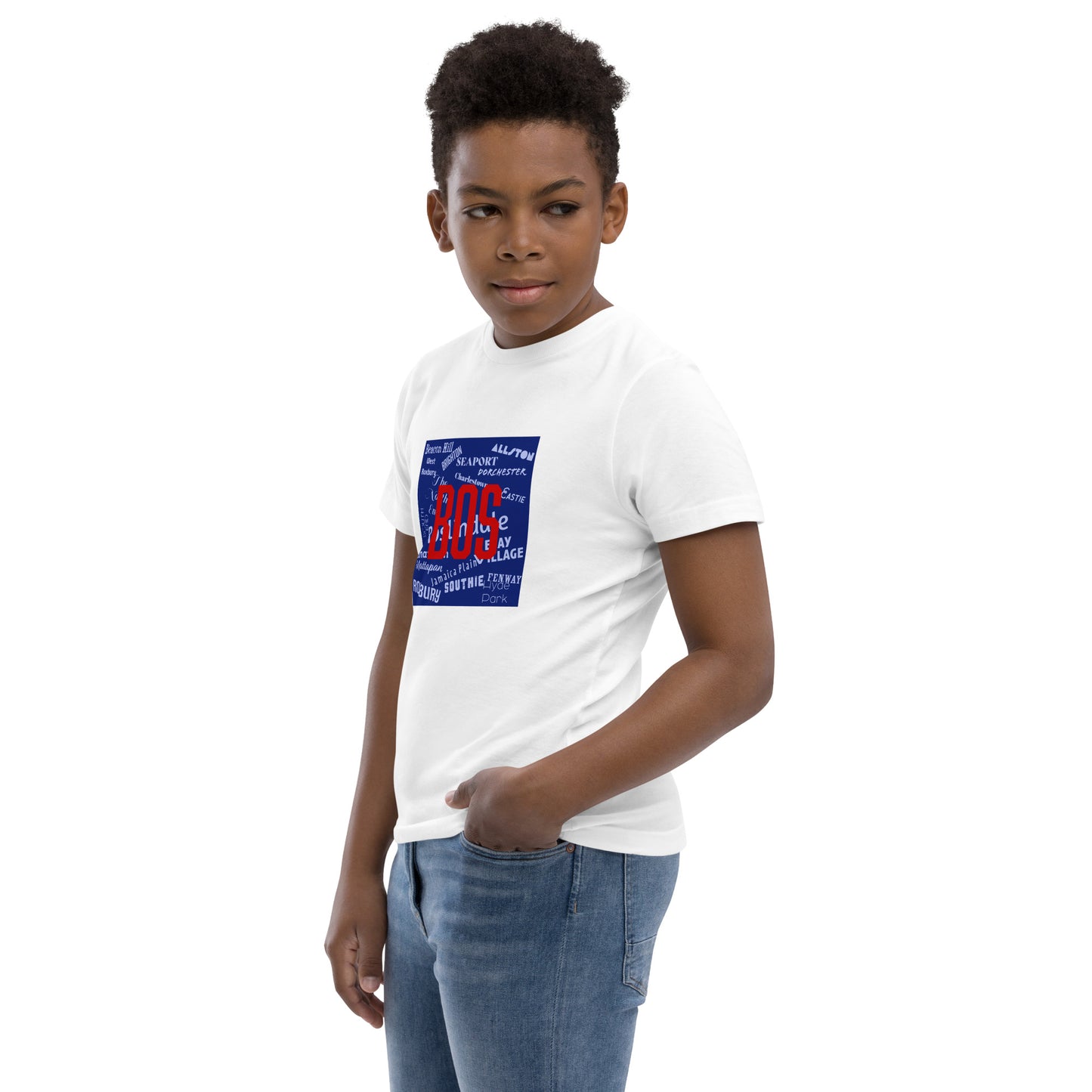 Neighborhoods of Boston, MA T shirt, youth, white, on model