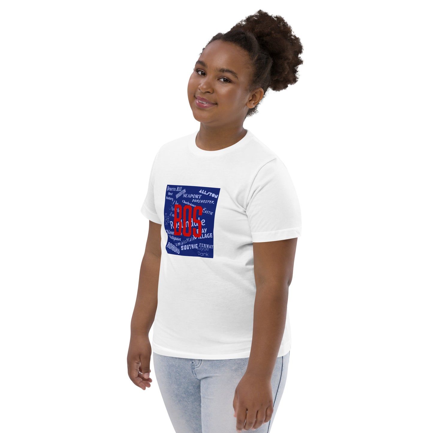 Neighborhoods of Boston, MA T shirt, youth, white, on model