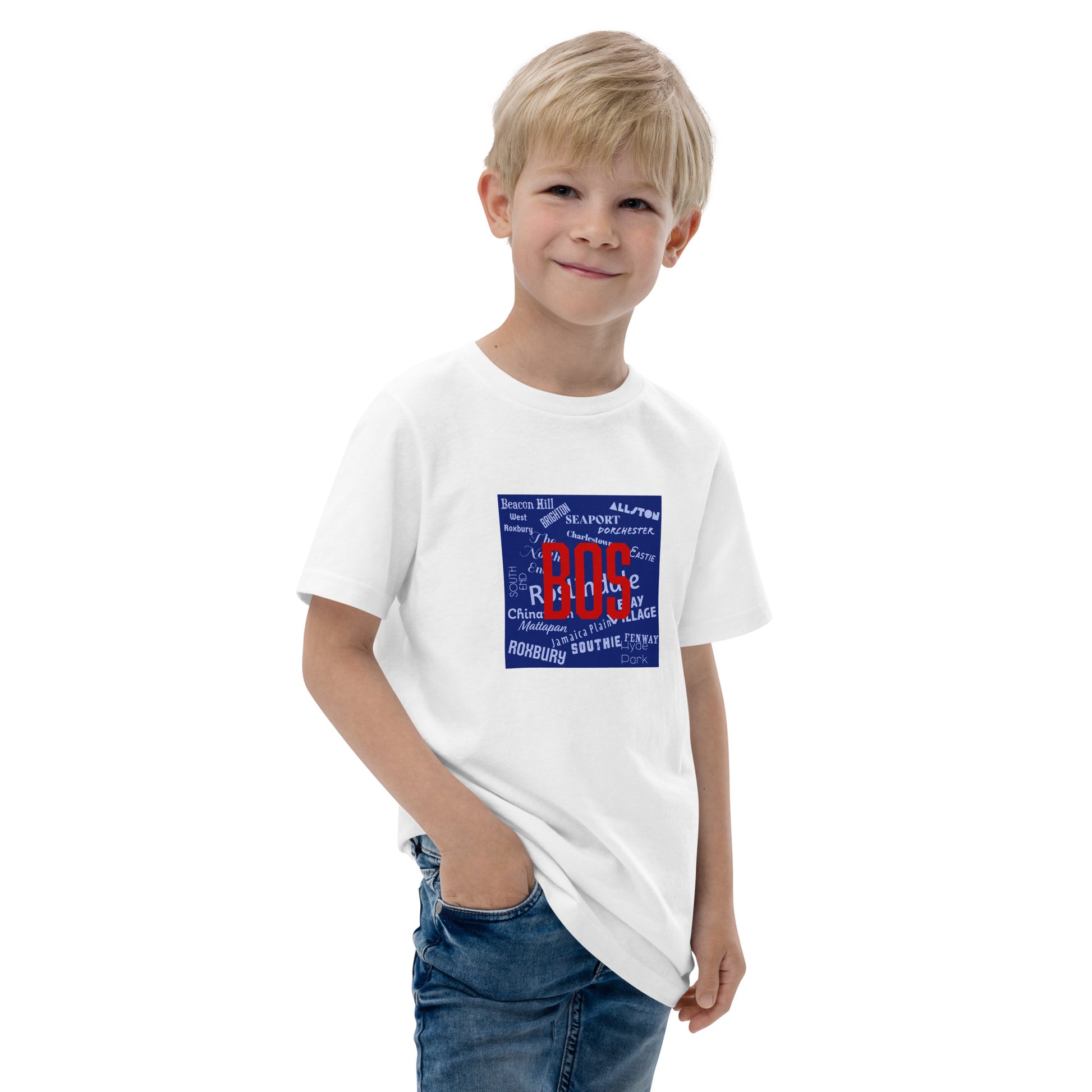 Neighborhoods of Boston, MA T shirt, youth, white, on model