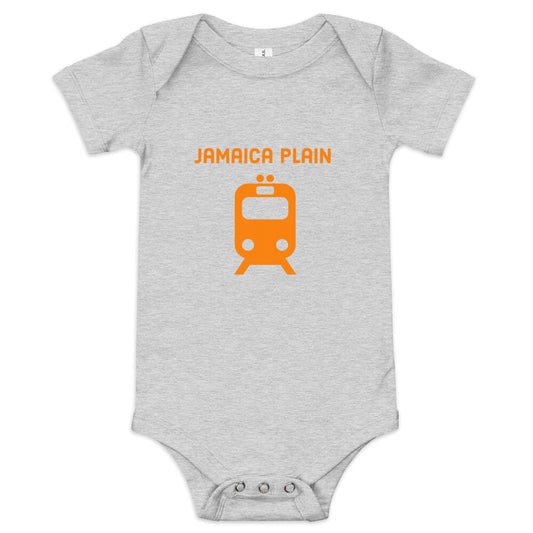 Orange Line Baby Onesie, Jamaica Plain, Boston, orange train, grey