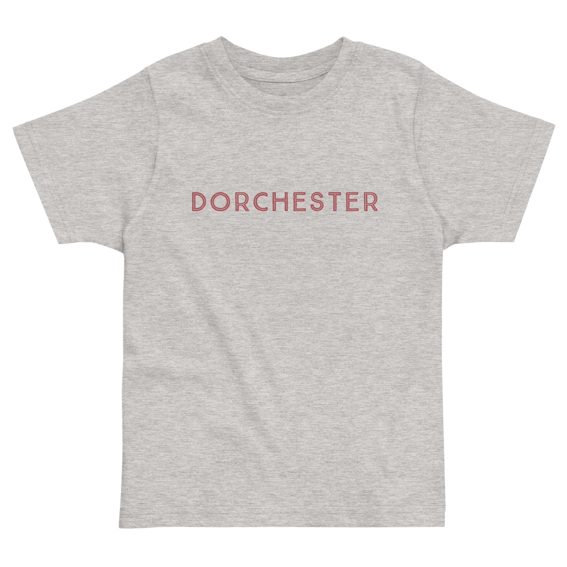 t-shirt with text across the front that reads "Dorchester".  grey shirt