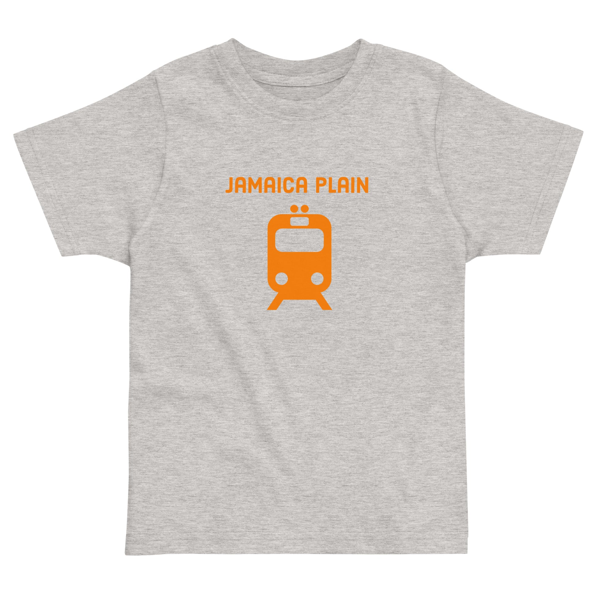 Jamaica Plan T shirt with an orange train, representing public transit in Boston MA, grey