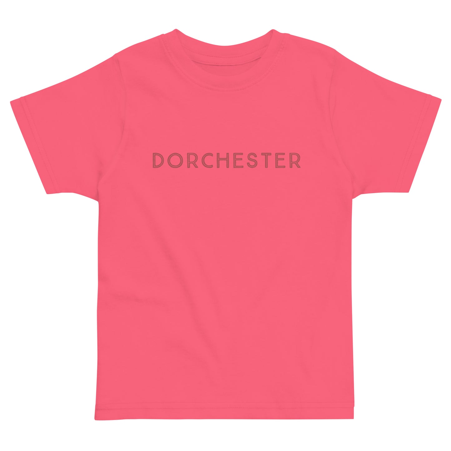 t-shirt with text across the front that reads "Dorchester". hot pink shirt