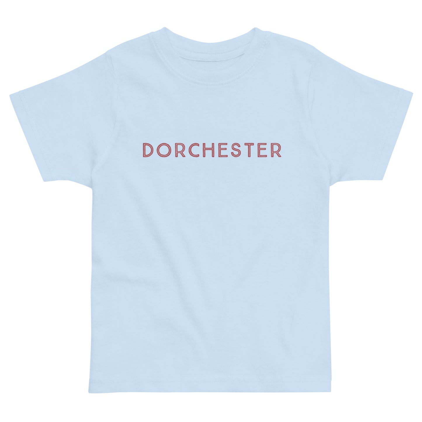 t-shirt with text across the front that reads "Dorchester". blue shirt 