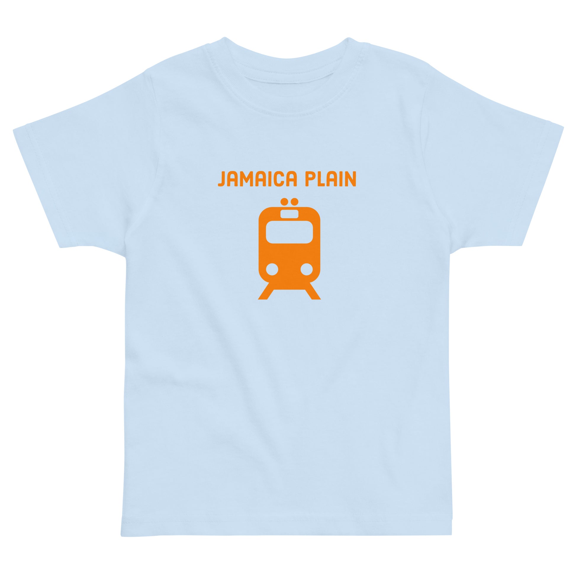 Jamaica Plan T shirt with an orange train, representing public transit in Boston MA, light blue