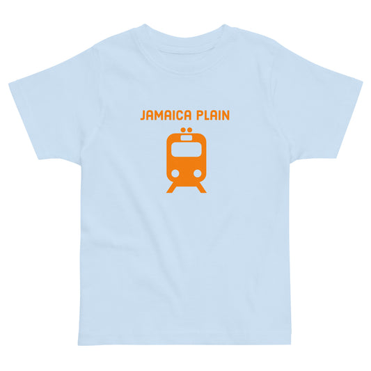 Jamaica Plan T shirt with an orange train, representing public transit in Boston MA, light blue