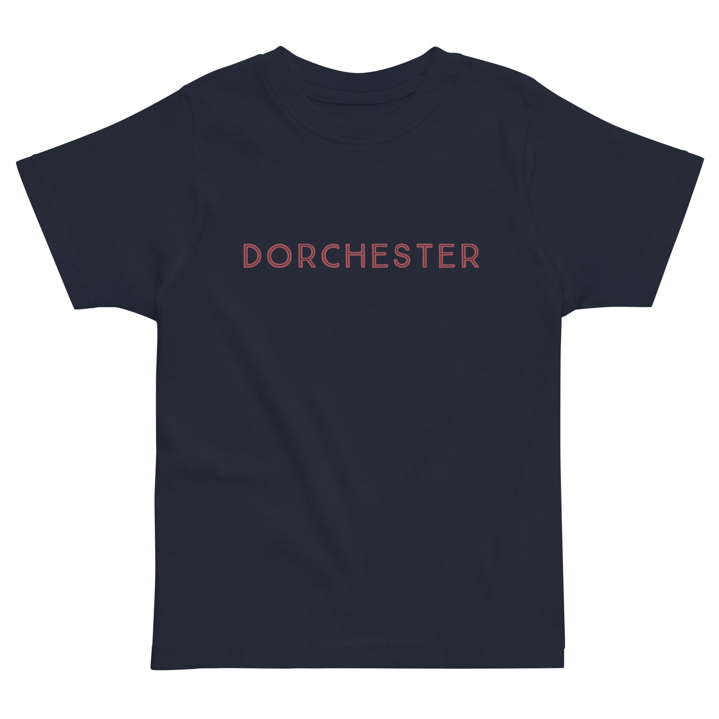 t-shirt with text across the front that reads "Dorchester". navy shirt