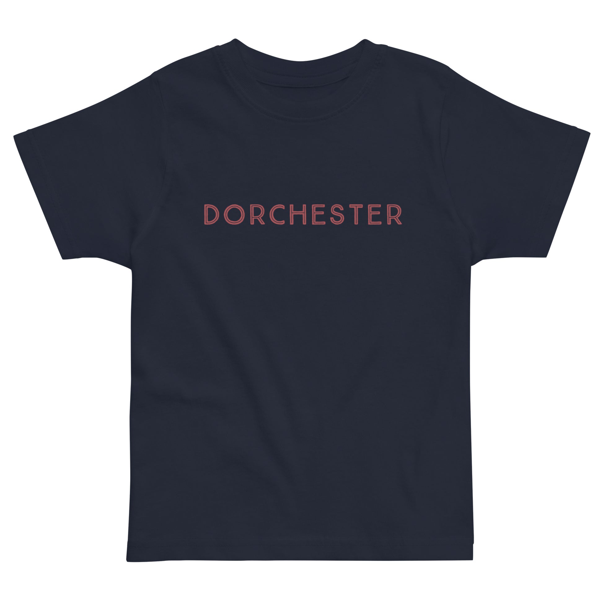 t-shirt with text across the front that reads "Dorchester". navy shirt