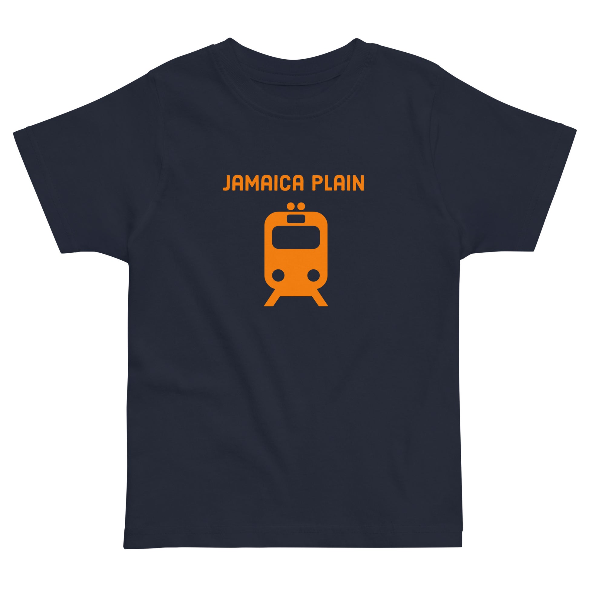 Jamaica Plan T shirt with an orange train, representing public transit in Boston MA, dark blue