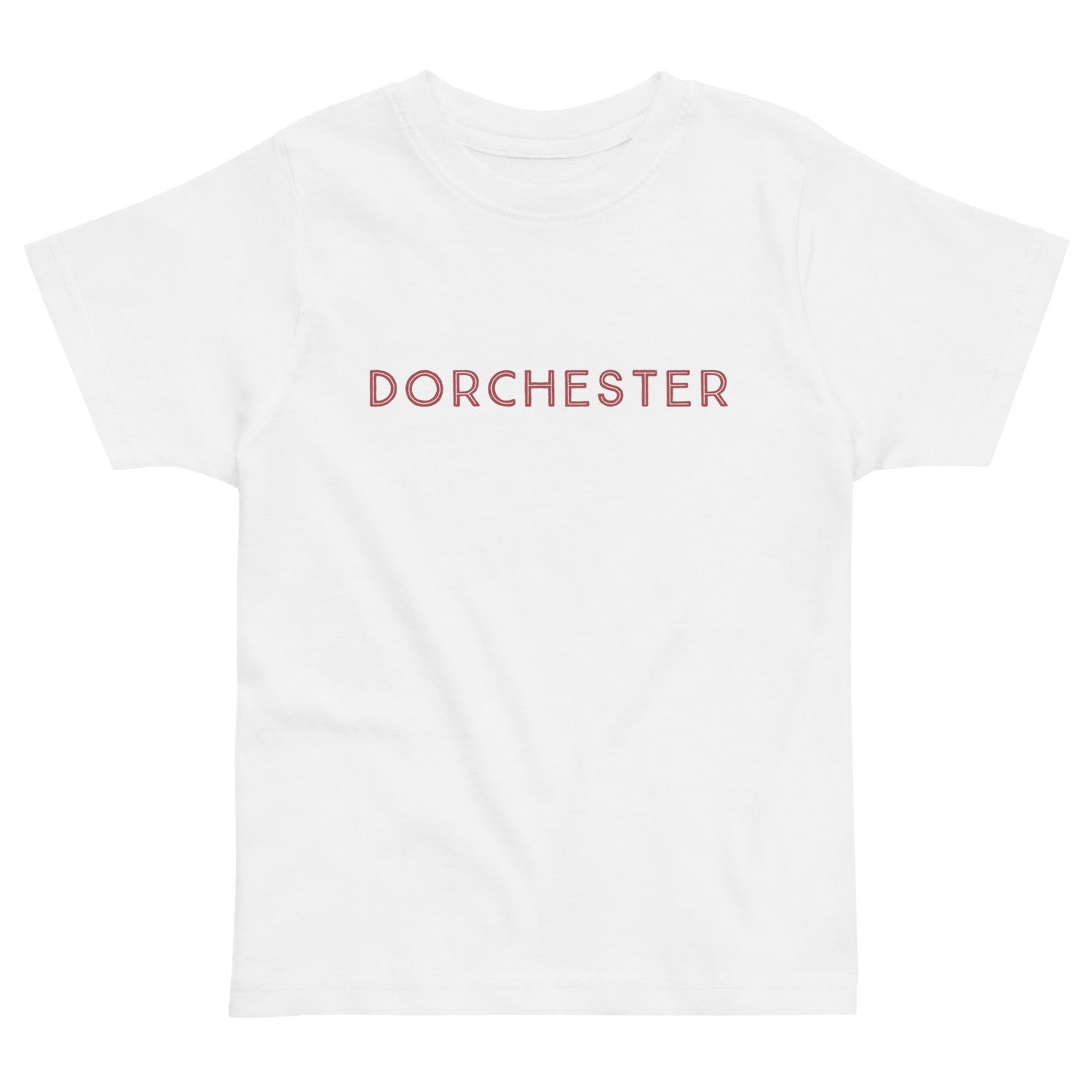 t-shirt with text across the front that reads "Dorchester". white shirt