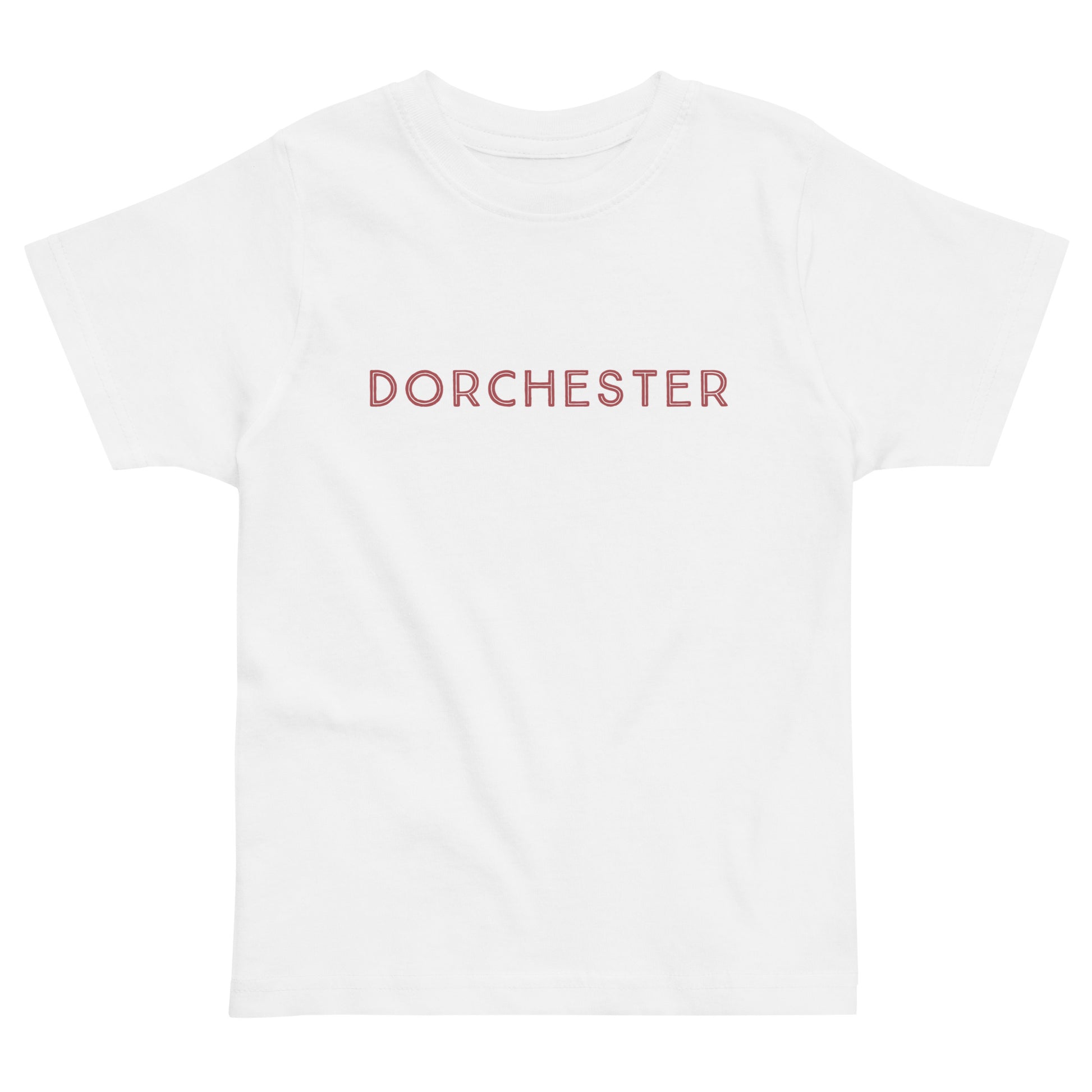 t-shirt with text across the front that reads "Dorchester". white shirt