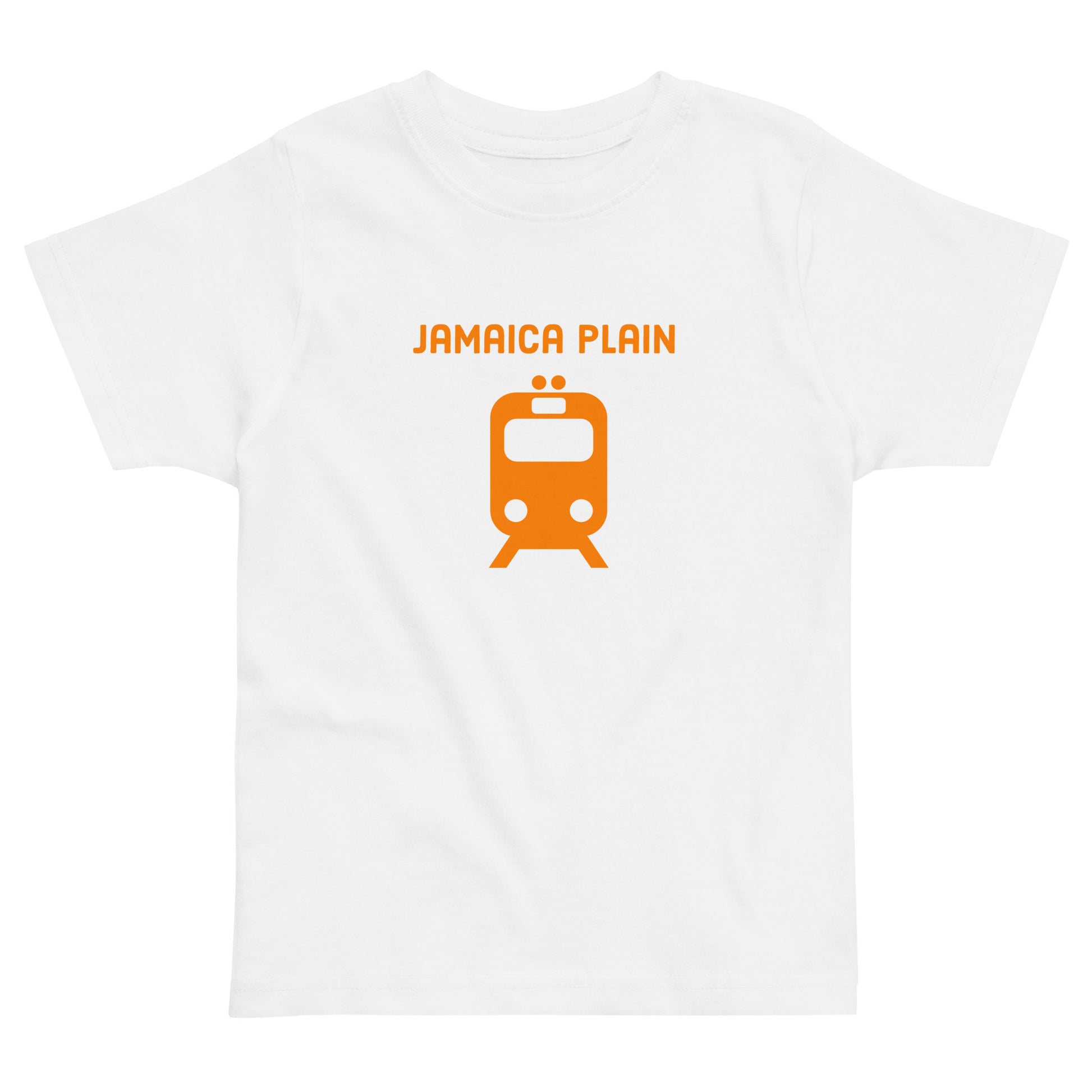 Jamaica Plan T shirt with an orange train, representing public transit in Boston MA, white