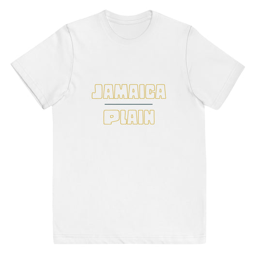 white t-shirt with jamaica plain text across